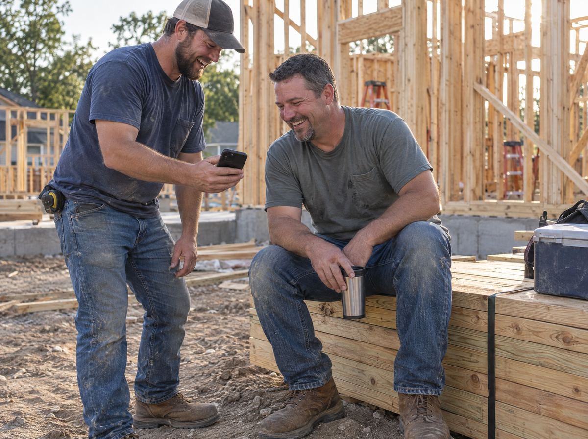 Two tradesmen sharing a laugh on a job site