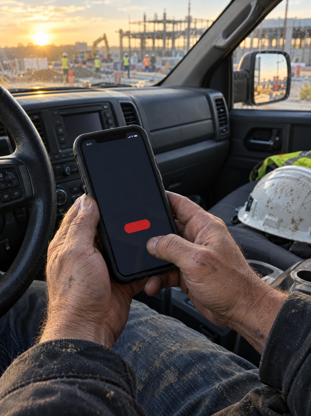 Tradesman creating his MASON account on his phone in his truck