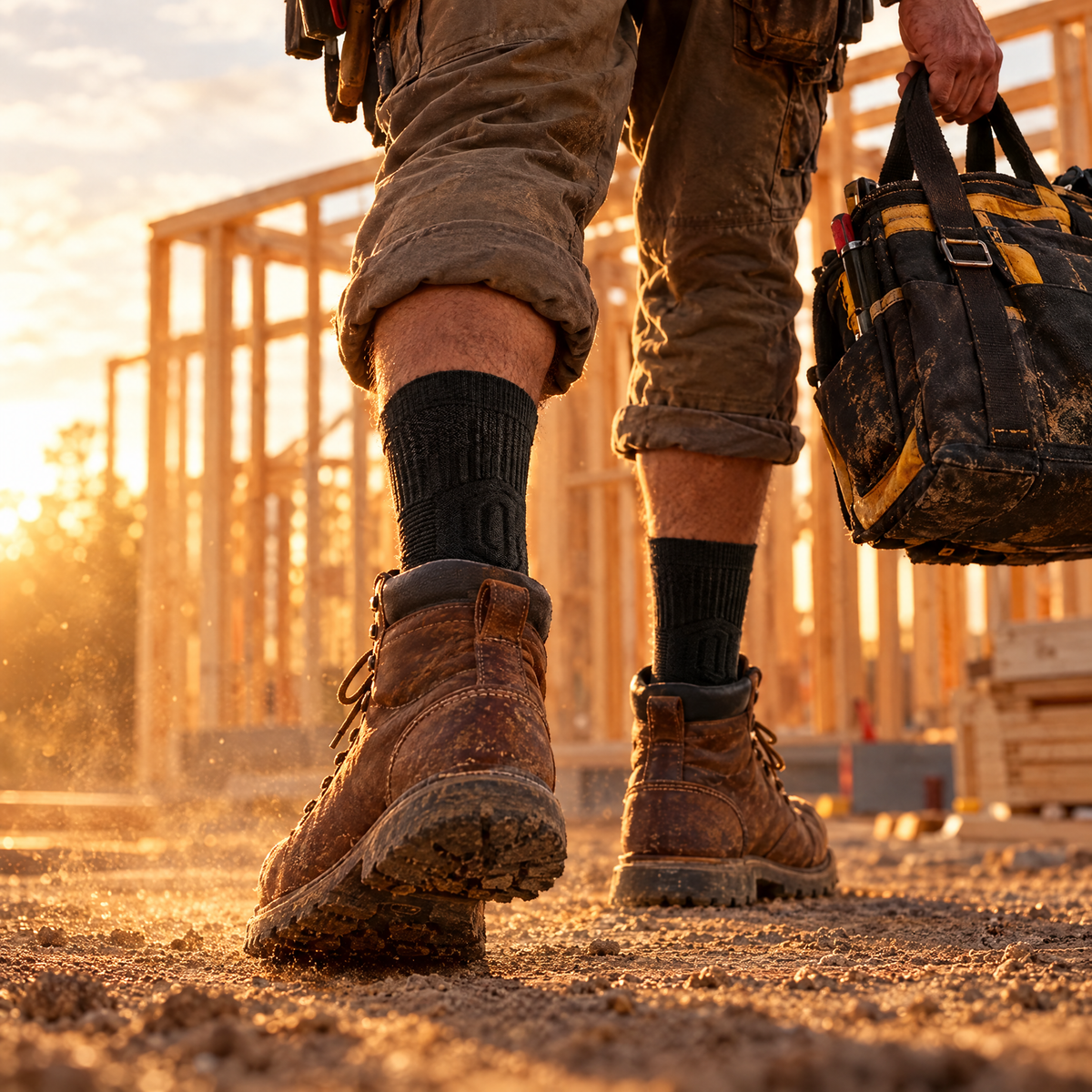 Tradesman walking on a job site in MASON socks and work boots
